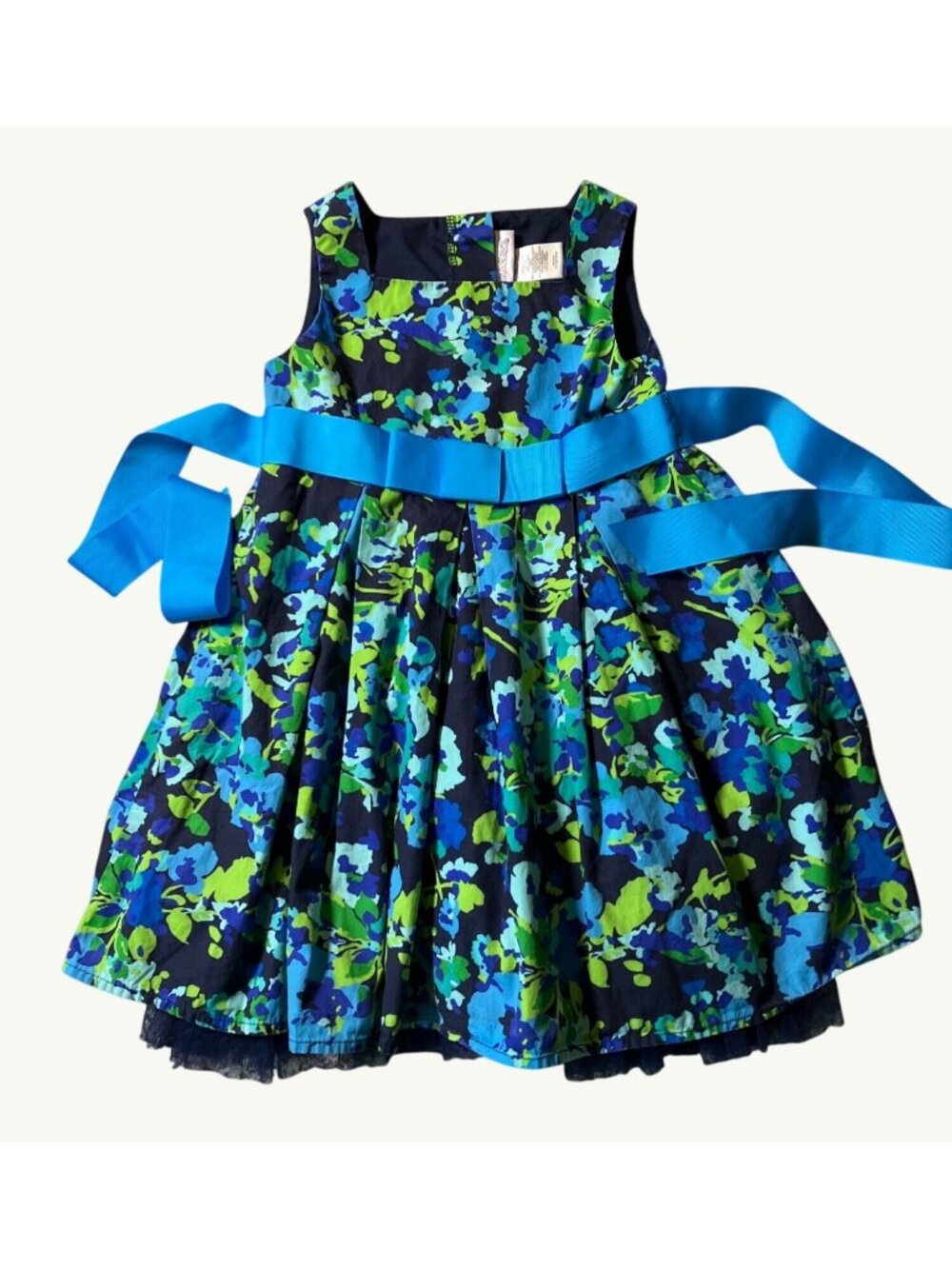 Youngland Girls Floral Sleeveless Dress With Blue Bow Accent Size 4T Vibrant Mul